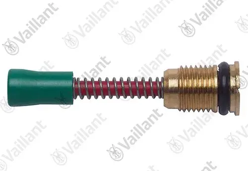Vaillant-Komponente mit grünem Kunststoffteil, roter Feder und metallischem Gehäuse. Eignet sich für technische Anwendungen im Heizungsbereich.